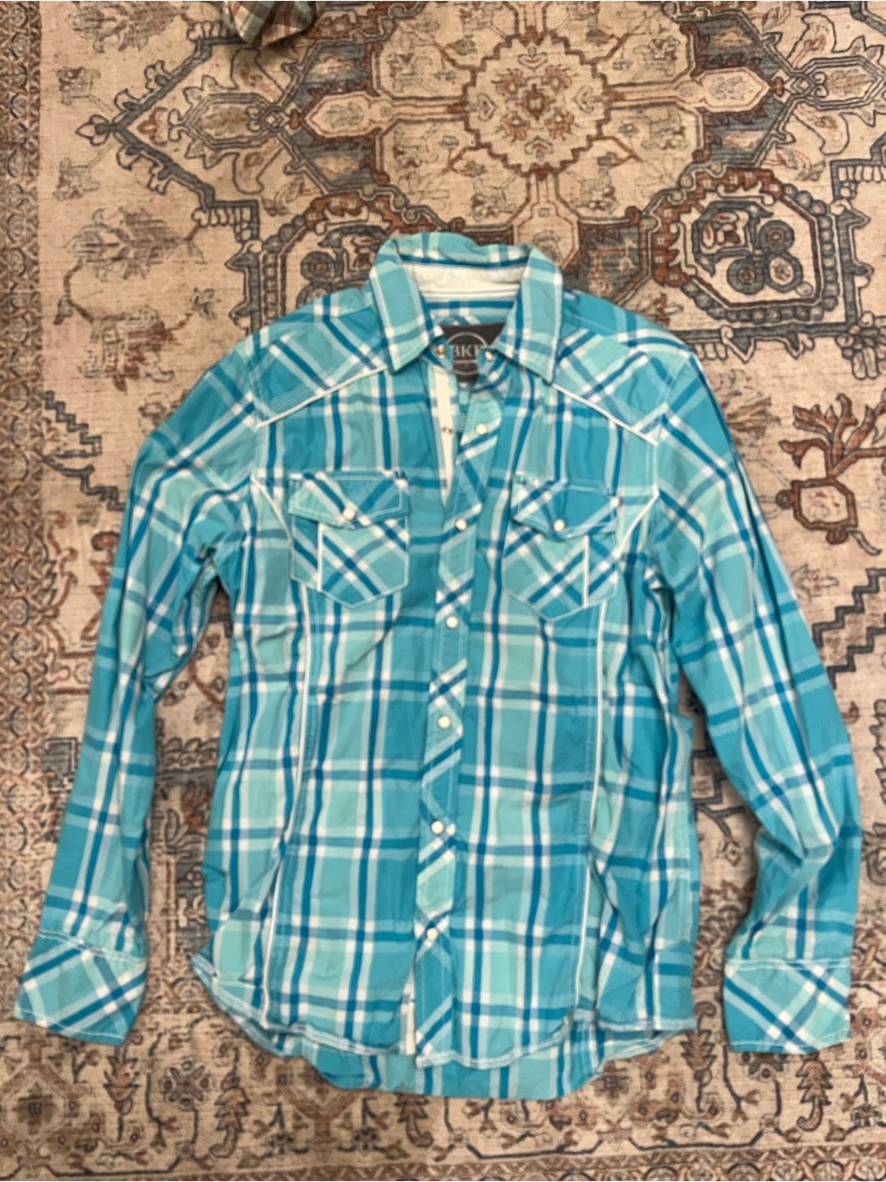 Men's Turquoise Plaid Button-Up Shirt by